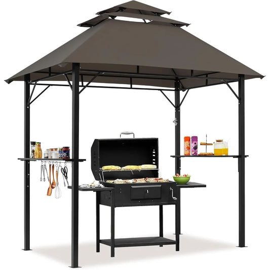 8x5 Grill Gazebo With 3 Tier Shelves Outdoor And Built In Bottle Opener Brown
