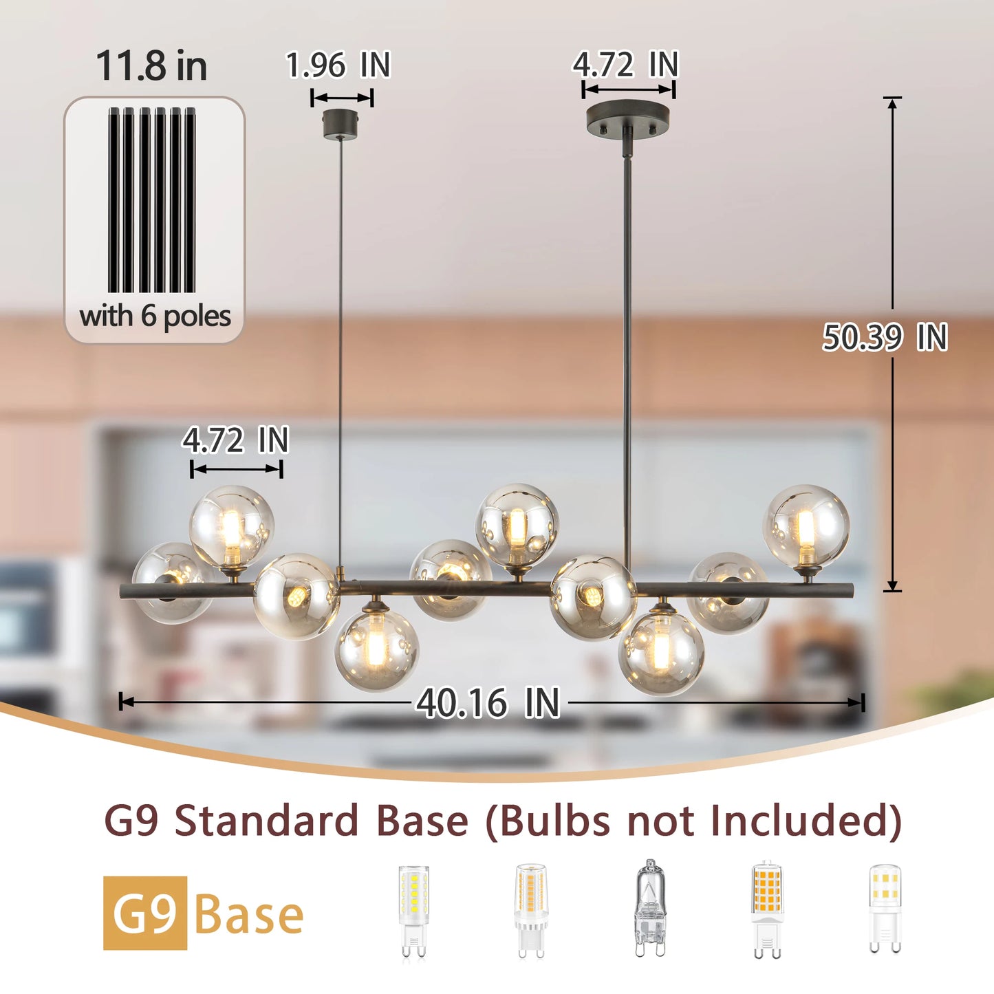 10 Light Matte Black Adjustable Chandelier Mid Century Smoked Globe Shades