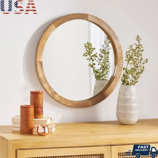 Modern Round Mirror with Mango Wood Frame Wall Decor Handcrafted Accent Piece Living Room Bedroom Hallway No Assembly Required
