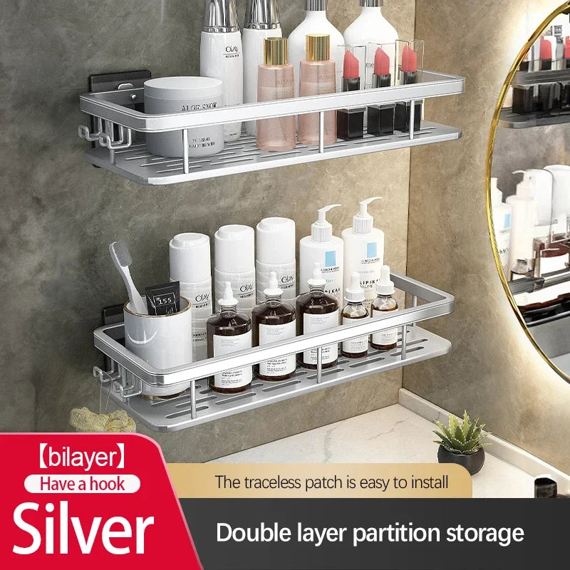 Double Tier Stainless Steel Anti-Rust Bathroom Shower Storage Rack with Suction Cups