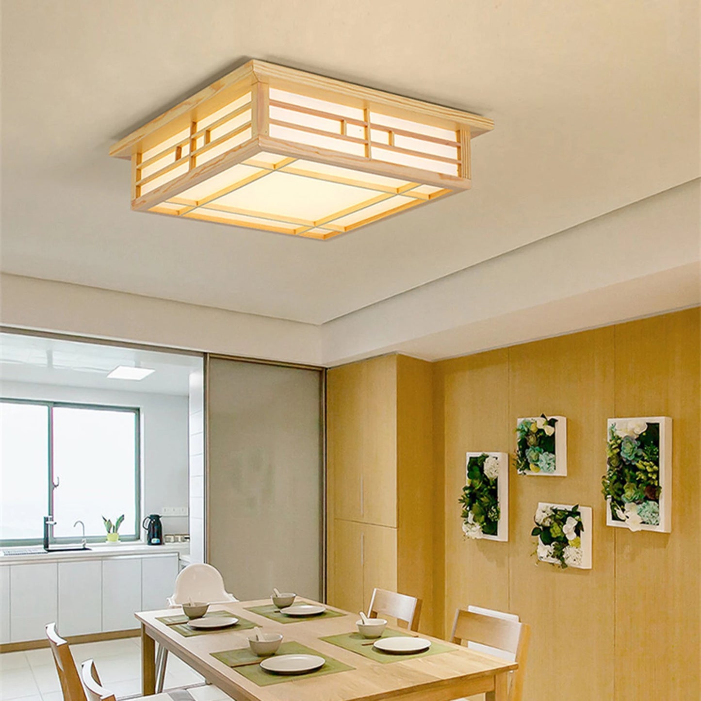 Japan Style Solid Wood Ceiling Lamp With Remote Control LED Flush Mount