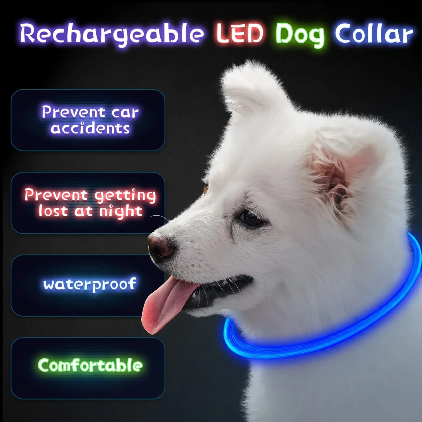 LED Light Dog Collar USB Rechargeable Reflective Luminous Anti Lost Pet Necklace