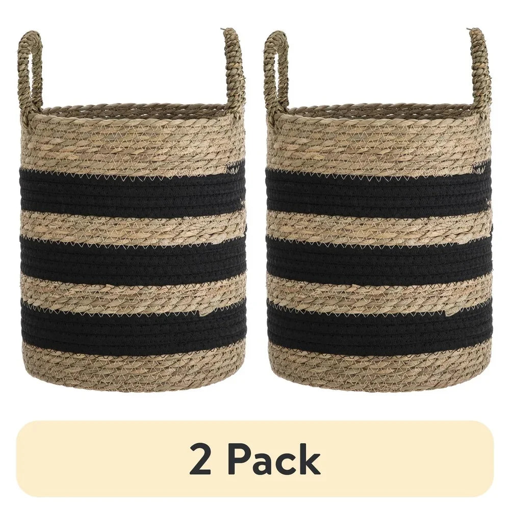 Two Pack Handcrafted Rush Baskets With Handles Decorative Round Storage Bins