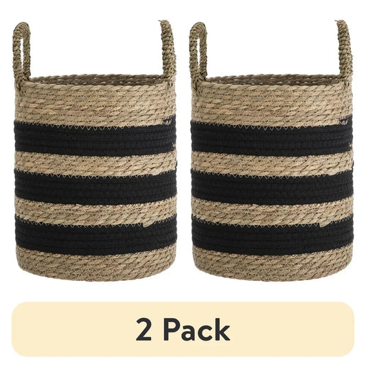 Two Pack Handcrafted Rush Baskets With Handles Decorative Round Storage Bins