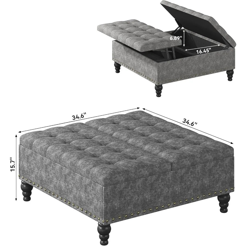 Chenille Ottoman Coffee Table With Large Storage Dark Grey Easy Assembly