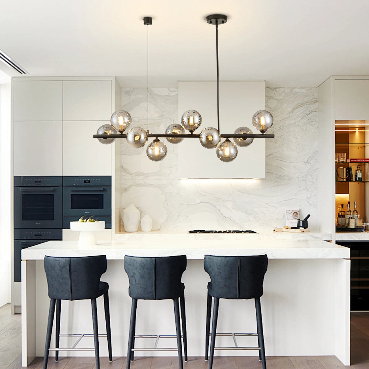 10 Light Matte Black Adjustable Chandelier Mid Century Smoked Globe Shades