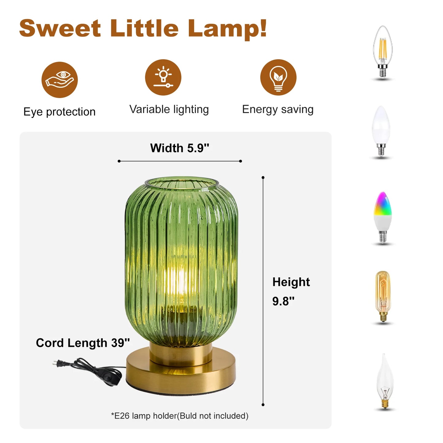 HSMKL Modern Ribbed Glass Table Lamp Bedside Light Plug In For Bedroom