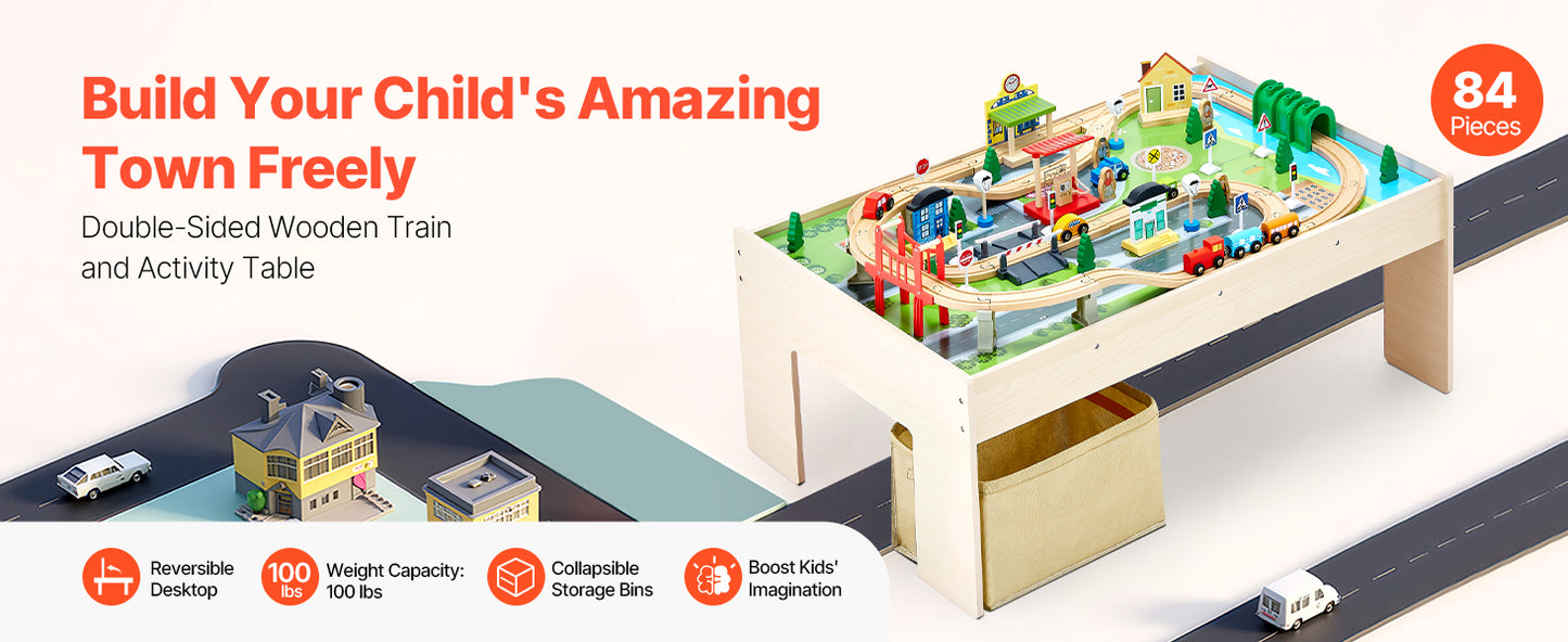 SucceBuy Kids Wooden Train Table Set 84 Piece Colorful Activity Storage Bin